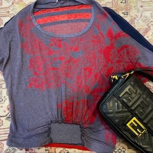 Language Brand Patterned Top with Sheer Sleeves